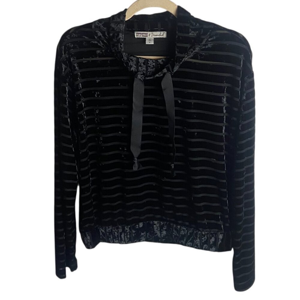 Gypsies & Moondust Size S Black Crushed Velvet Burnout Cowl Neck Striped Shirt